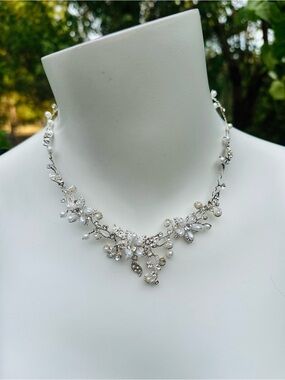 Crystal Floral Necklace Silver Delicate Statement Bridal Wedding Jewelry